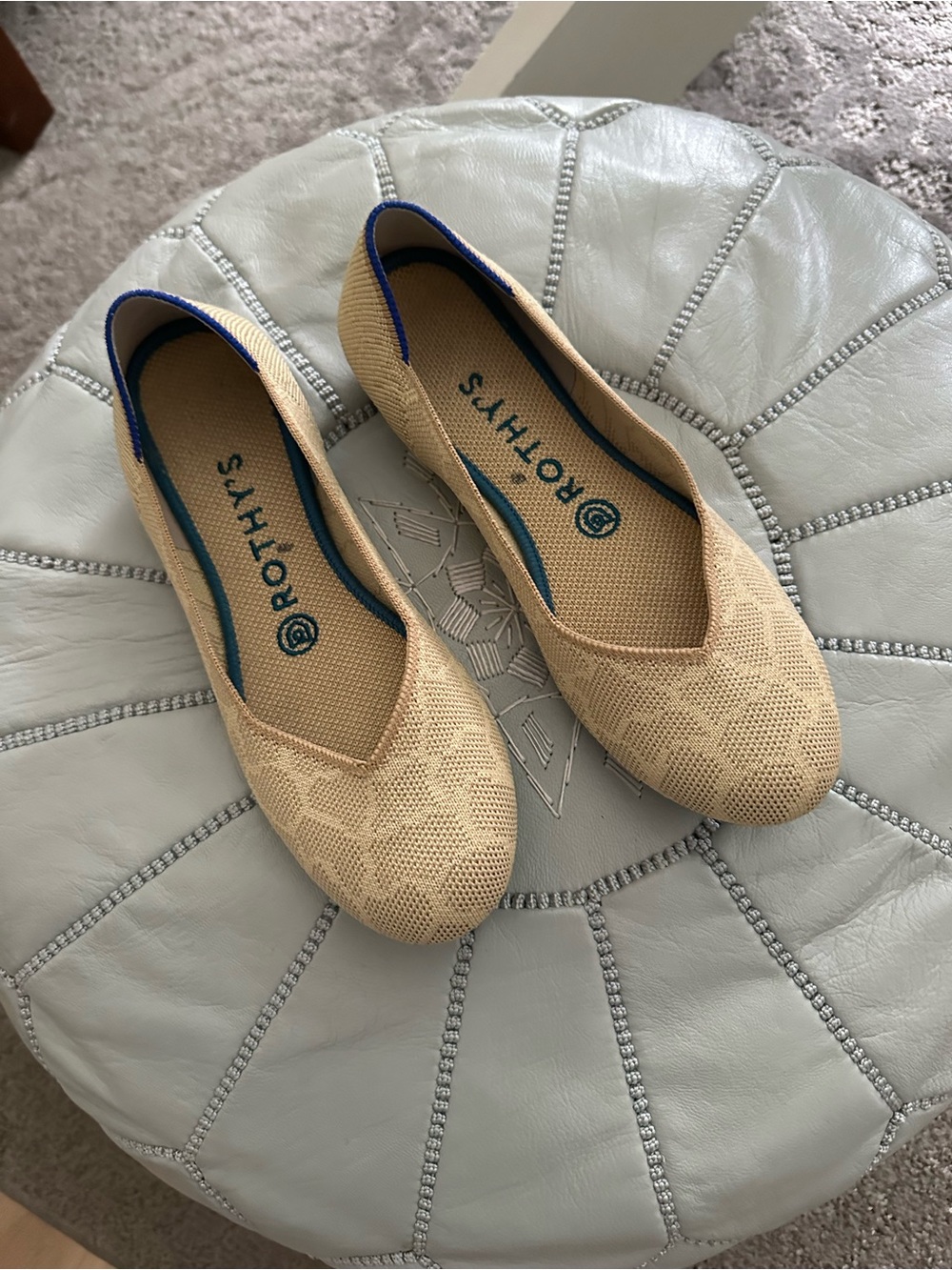 Rothy's Sahara Gold Giraffe print Knit Pointed Toe Flats with Blue Trim